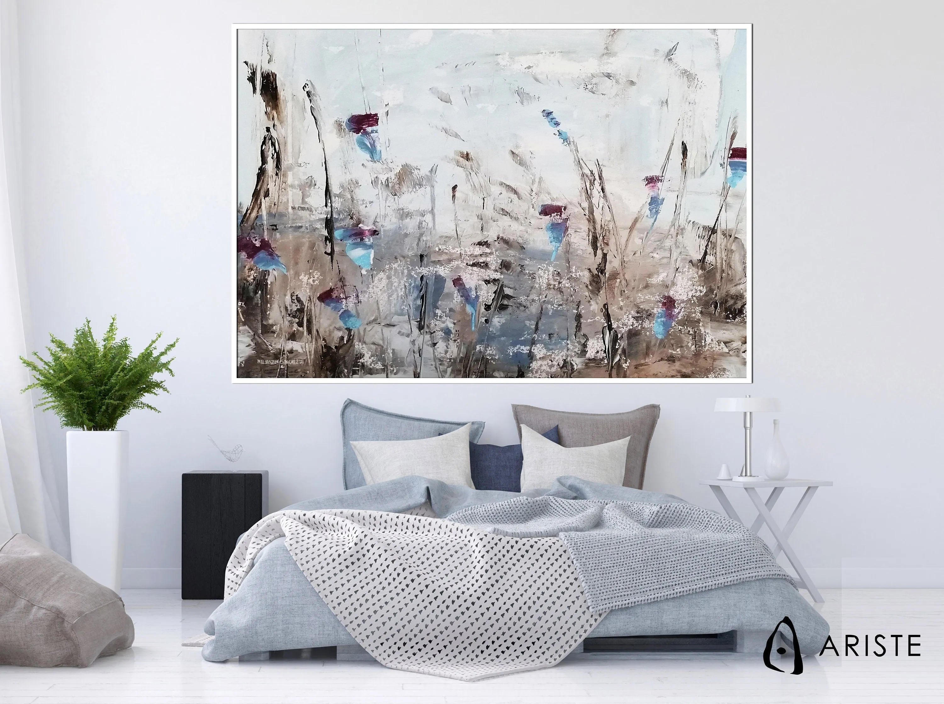 Blue & purple large abstract flower paintings made to order in a custom size