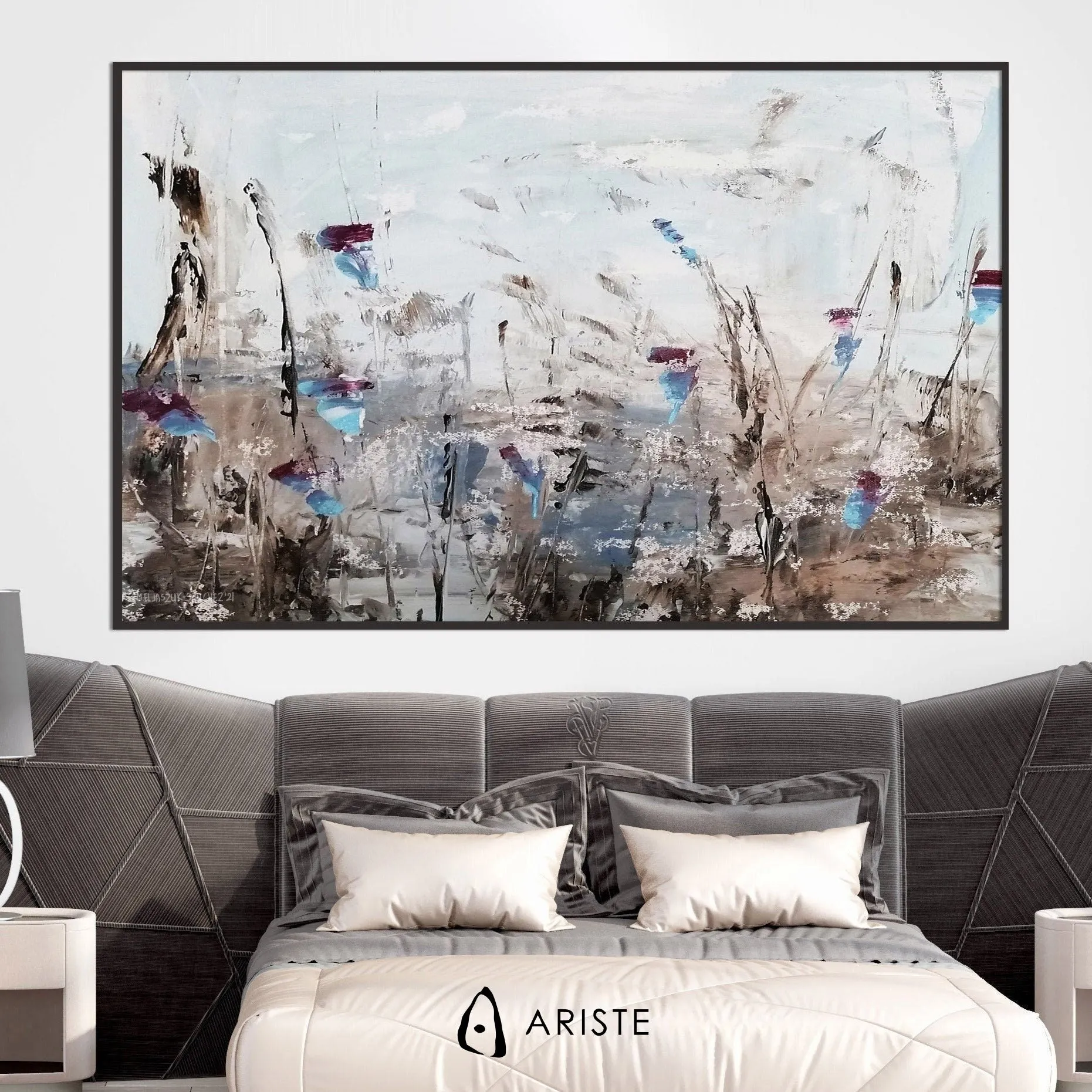 Blue & purple large abstract flower paintings made to order in a custom size