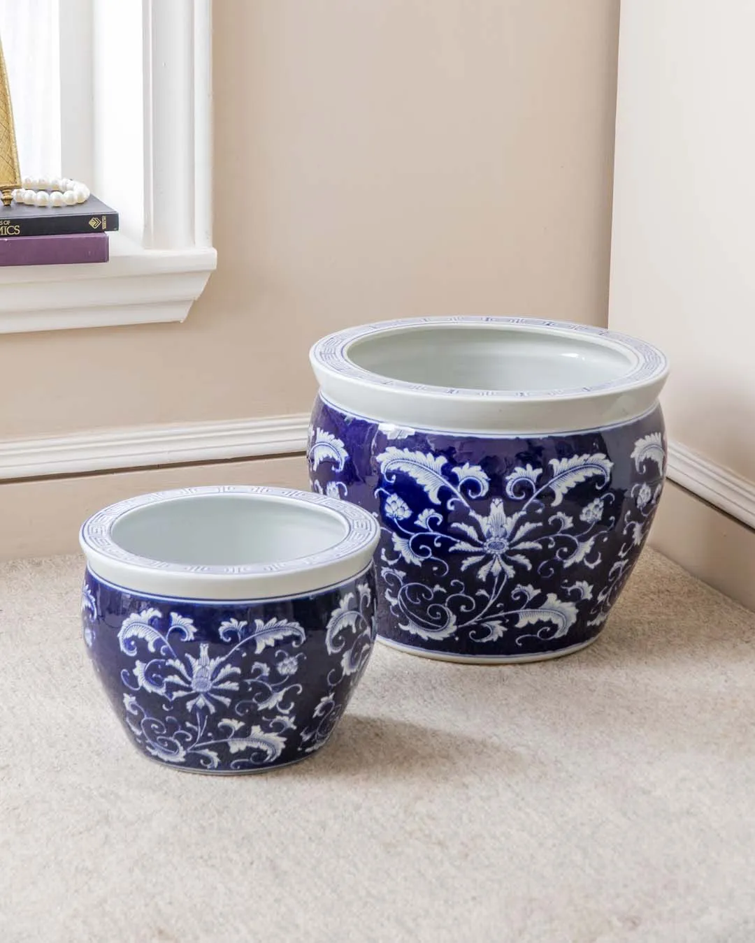 Blue & White Ceramic Garden Pots - Set of 2