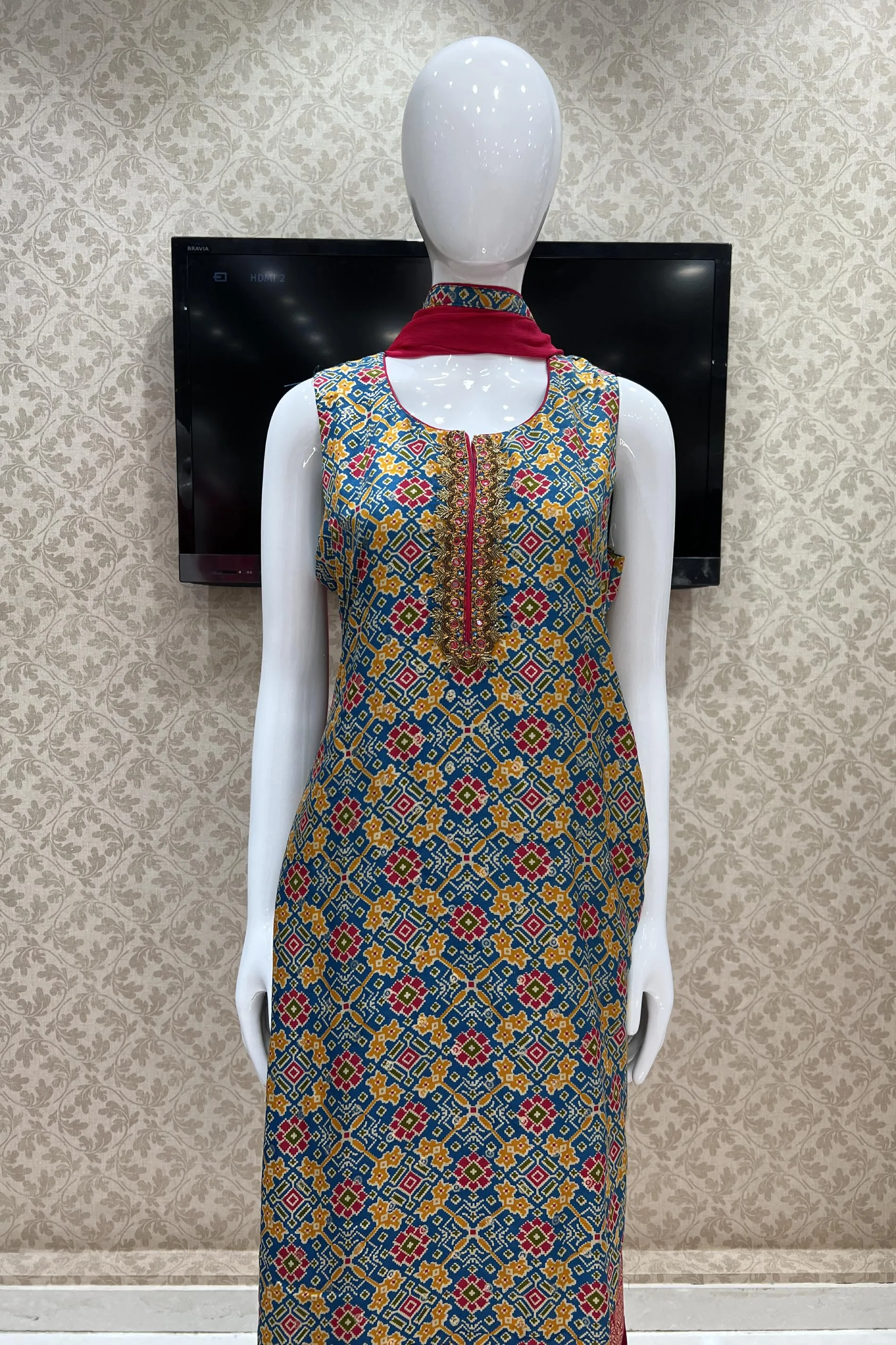 Blue Banaras, Zardozi, Mirror and Beads work with Patola Print Straight Cut Salwar Suit