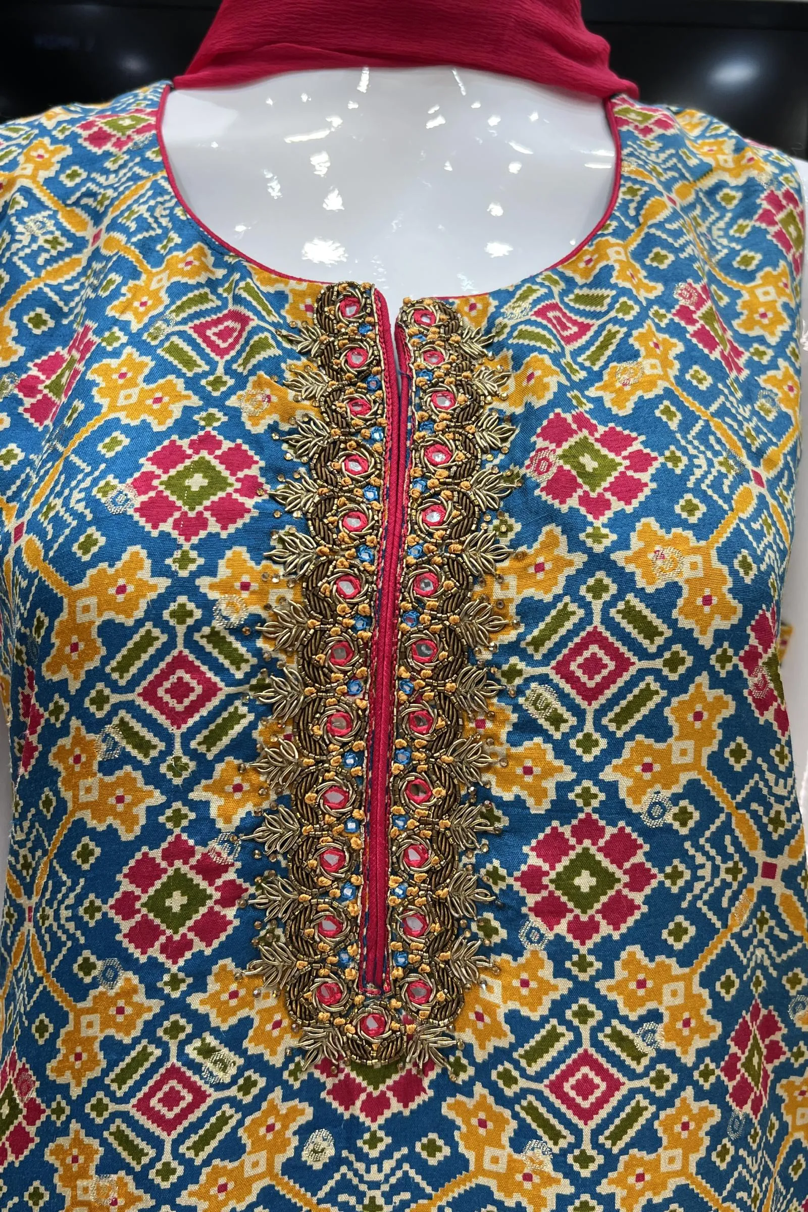 Blue Banaras, Zardozi, Mirror and Beads work with Patola Print Straight Cut Salwar Suit
