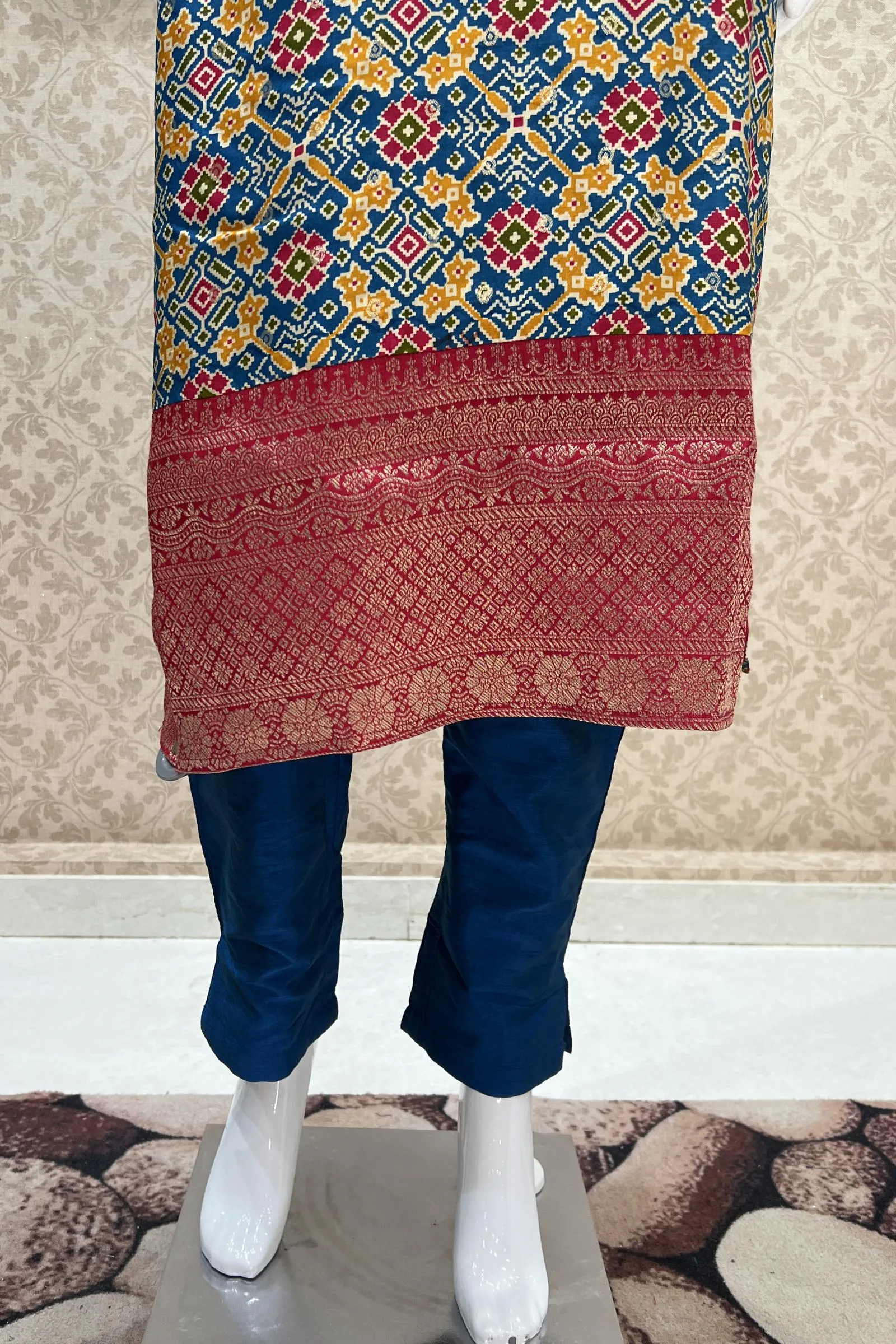 Blue Banaras, Zardozi, Mirror and Beads work with Patola Print Straight Cut Salwar Suit