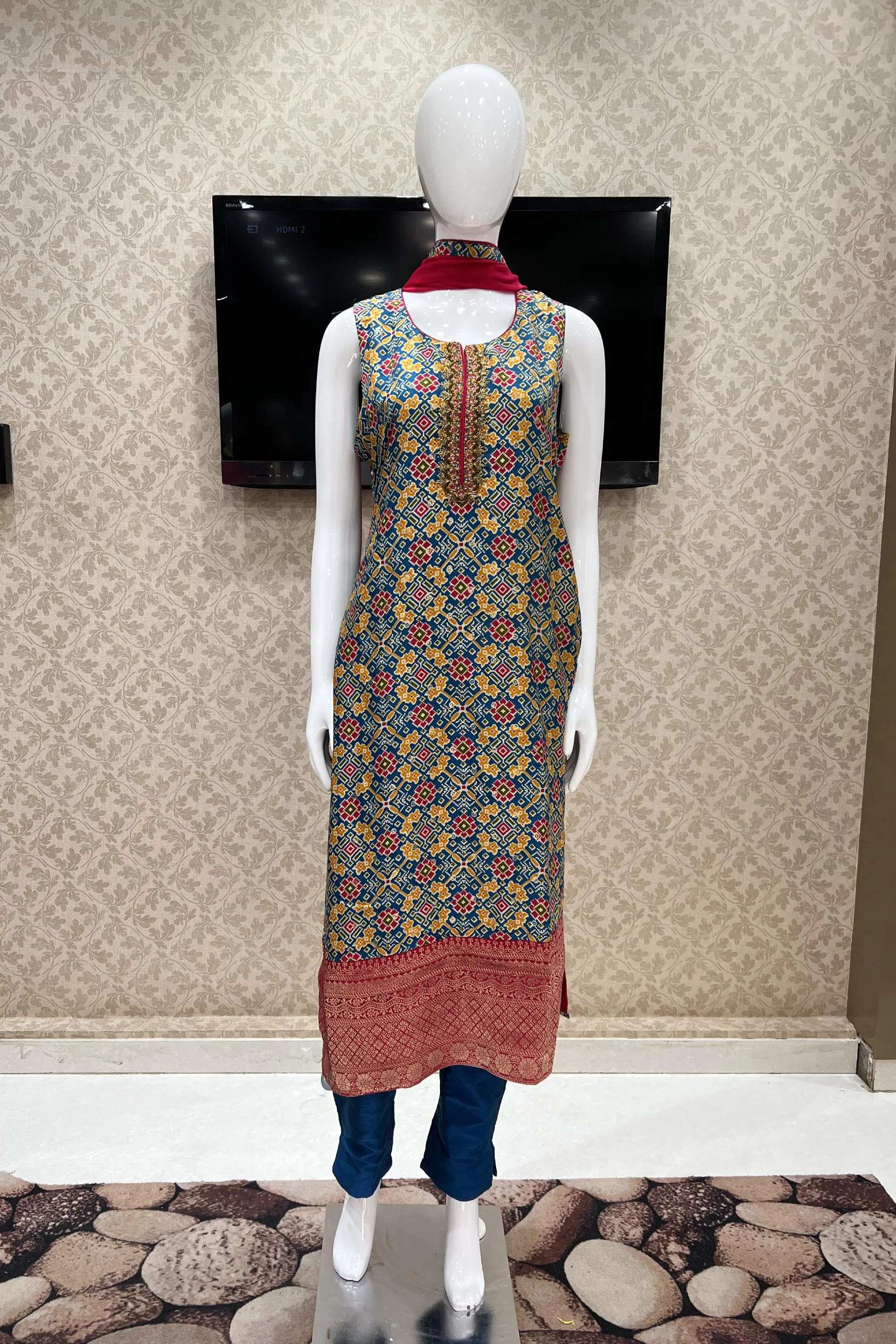 Blue Banaras, Zardozi, Mirror and Beads work with Patola Print Straight Cut Salwar Suit