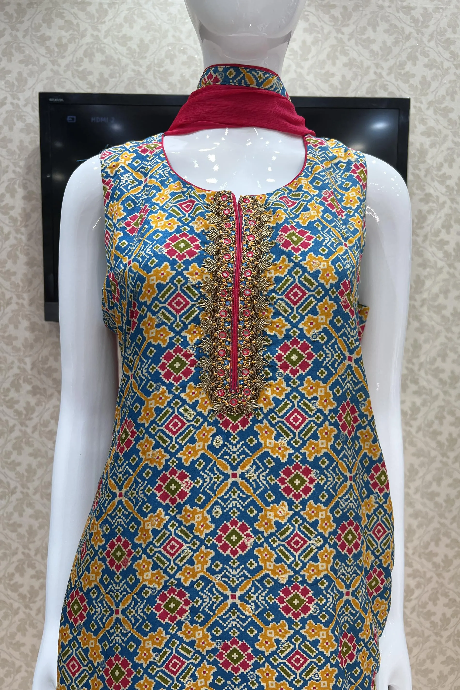Blue Banaras, Zardozi, Mirror and Beads work with Patola Print Straight Cut Salwar Suit