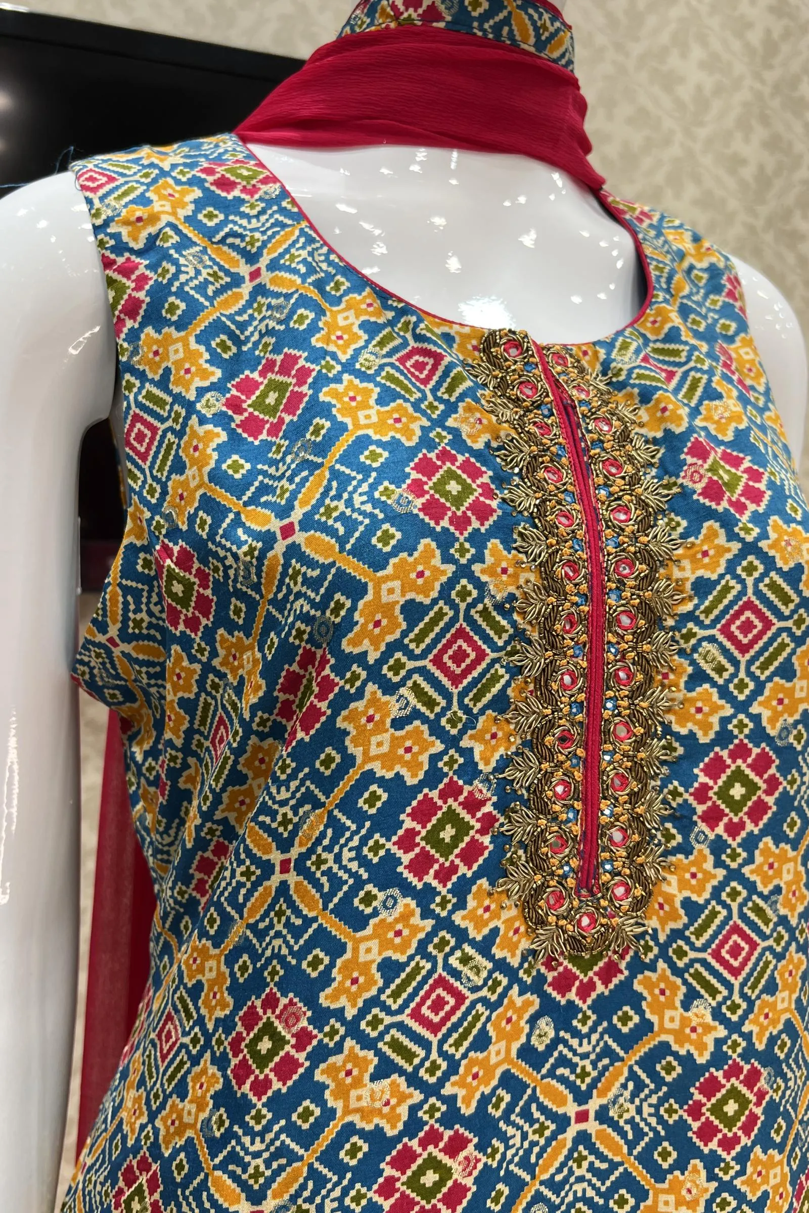 Blue Banaras, Zardozi, Mirror and Beads work with Patola Print Straight Cut Salwar Suit
