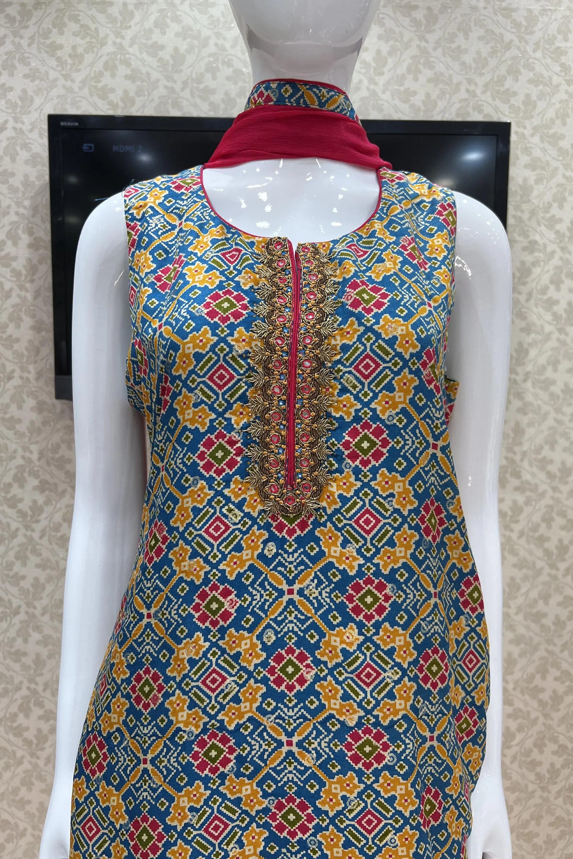 Blue Banaras, Zardozi, Mirror and Beads work with Patola Print Straight Cut Salwar Suit