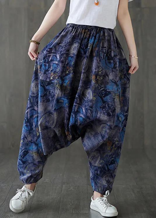 Blue Elastic Waist Loose Lantern Pants Summer LY7580