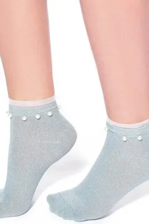 Blue Glitter Cotton Ankle Socks with Pearl