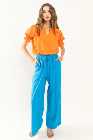 Blue Solid Straight Pants With Elastic Waist Band