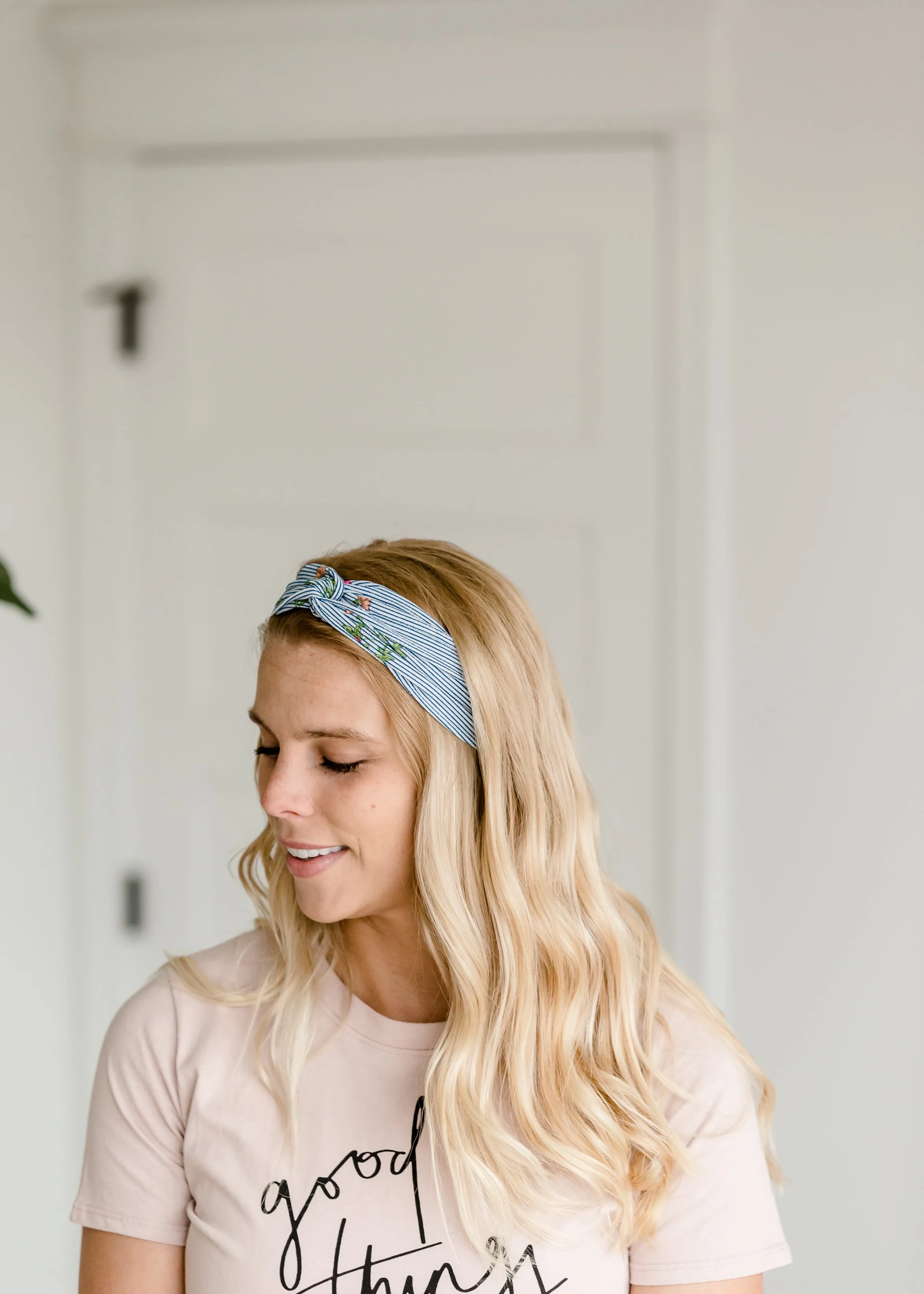 Blue Stripe   Floral Knotted Headband