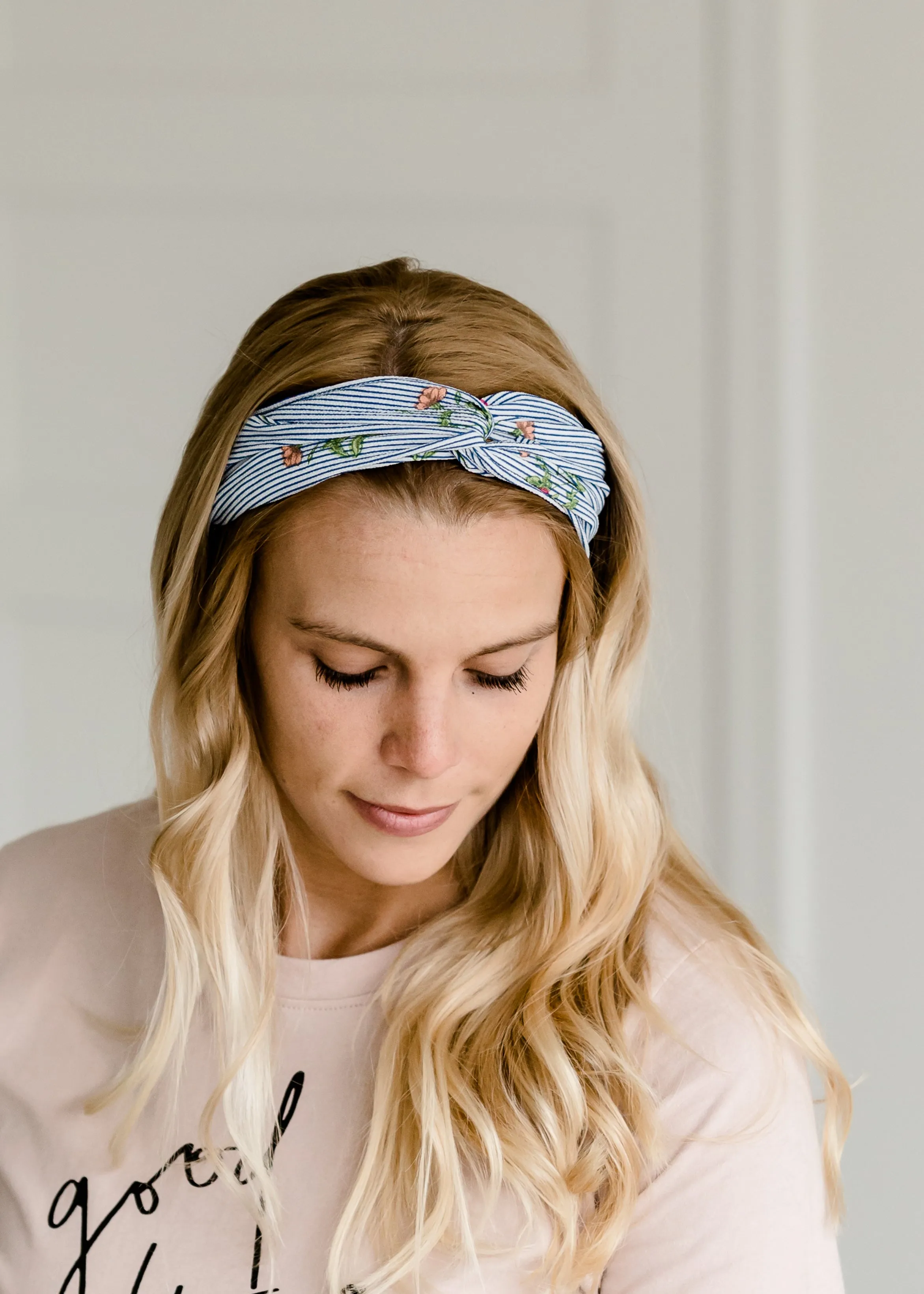 Blue Stripe   Floral Knotted Headband