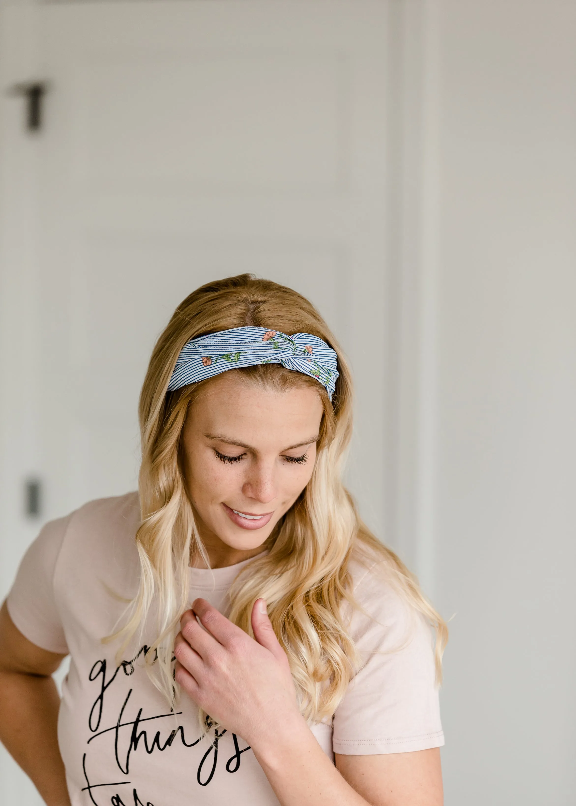 Blue Stripe   Floral Knotted Headband