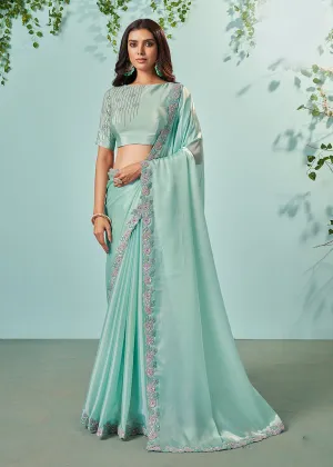 Blush Green Organza Silk Embroidered Designer Saree