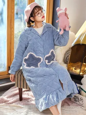 BLYE STAR THREE-LAYER COTTON PADDED PAJAMAS CORAL FLEECE NIGHTDRESS