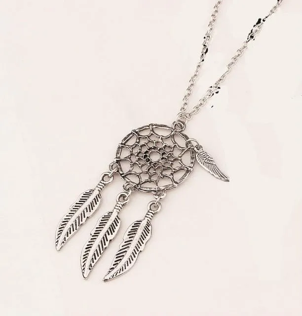 Bohemia Vintage Silver Plated Dreamcatch Feather Pendants Necklace For Women Choker Statement Necklace Fashion Boho Jewelry