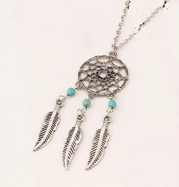 Bohemia Vintage Silver Plated Dreamcatch Feather Pendants Necklace For Women Choker Statement Necklace Fashion Boho Jewelry