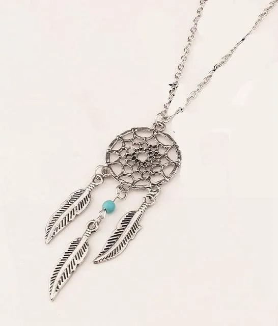 Bohemia Vintage Silver Plated Dreamcatch Feather Pendants Necklace For Women Choker Statement Necklace Fashion Boho Jewelry