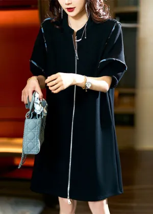Bohemian Black Zip Up Patchwork Cotton Mid Dresses Summer LY3837