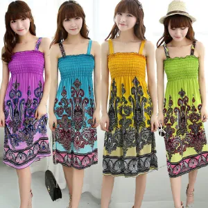 Bohemian Floral Dress Printed Milk Silk Plus Size Beach Dress Suspender Dress For Women