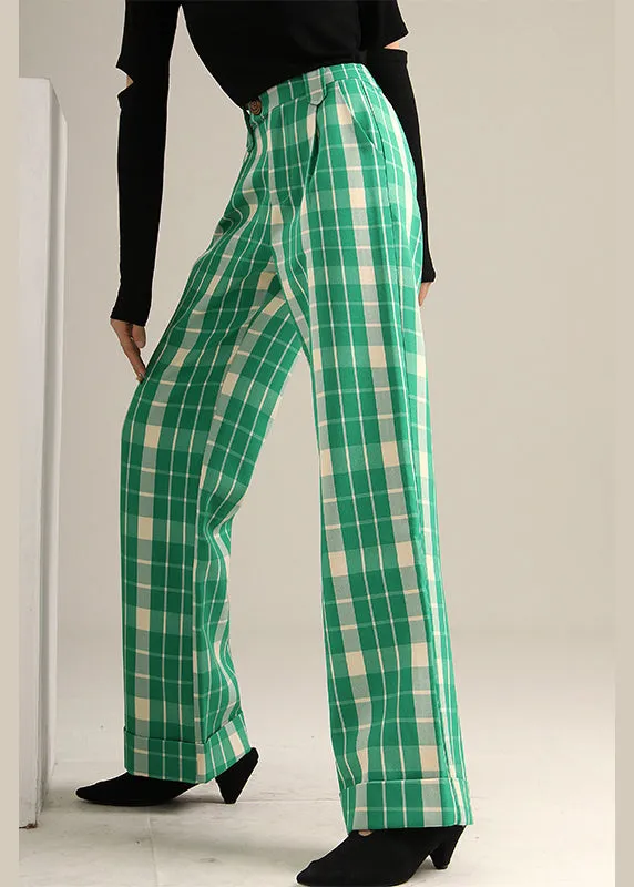 Bohemian Green Plaid high waist straight pants Spring