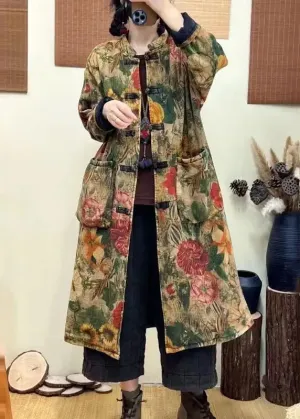 Bohemian Green Pockets Print Chinese Button Fine Cotton Filled Coat Winter ML2724