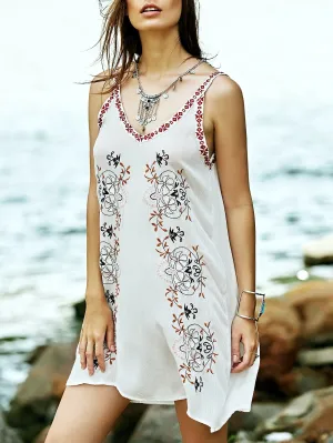 Bohemian STYLE flower color embroidery V neck retro wind dress skirt