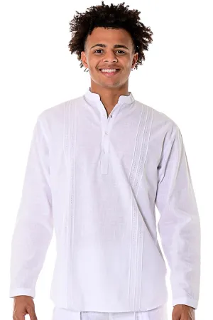 Bohio Men's Cotton Beach Summer Casual Pin-Tuck Banded Collar Long Sleeve Shirt in (3) Colors-MCS1079