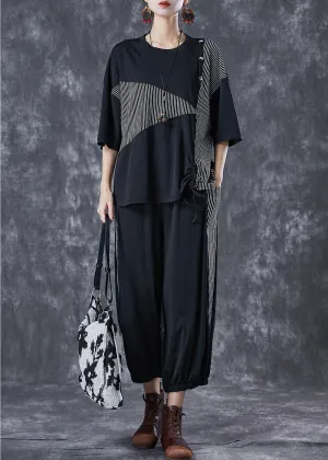 Boho Black Cinched Patchwork Striped Cotton Two Piece Set Summer LY6762