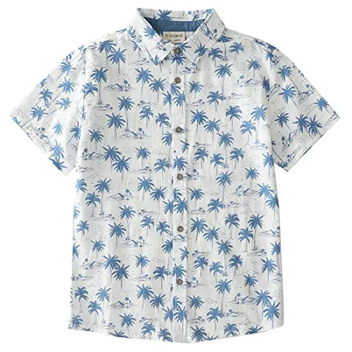 Boy Short Sleeve Woven Blue Palm Trees Print Shirts