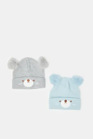 Boys Grey And Blue Knitted Cap Set (2 Piece)