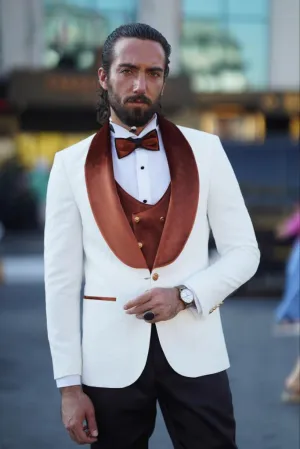 Brown and White Slim Fit Shawl Lapel Wool Tuxedo for Men by GentWith