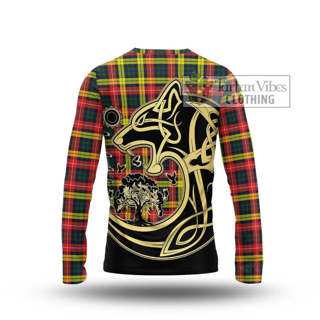 Buchanan Modern Tartan Long Sleeve T-Shirt with Family Crest Celtic Wolf Style