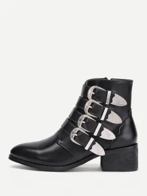 Buckle Decorated Side Zipper Ankle Boots
