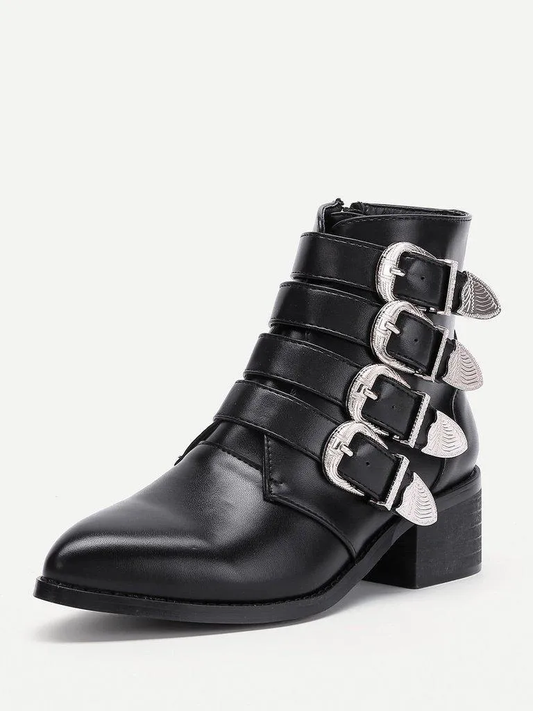 Buckle Decorated Side Zipper Ankle Boots