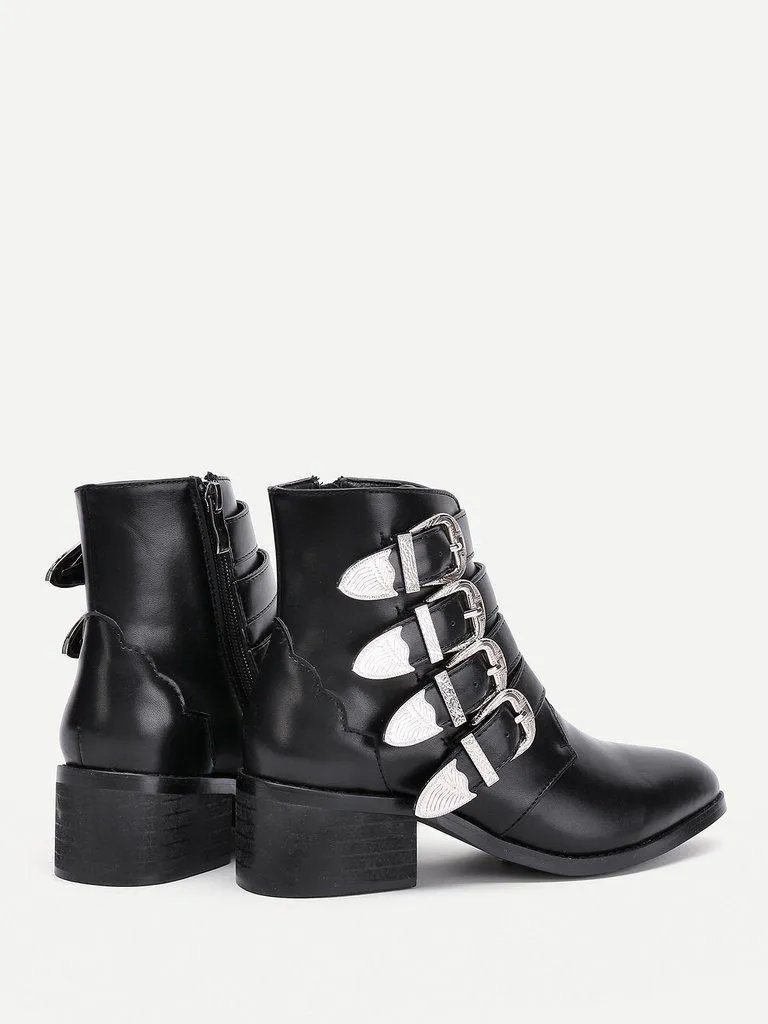 Buckle Decorated Side Zipper Ankle Boots