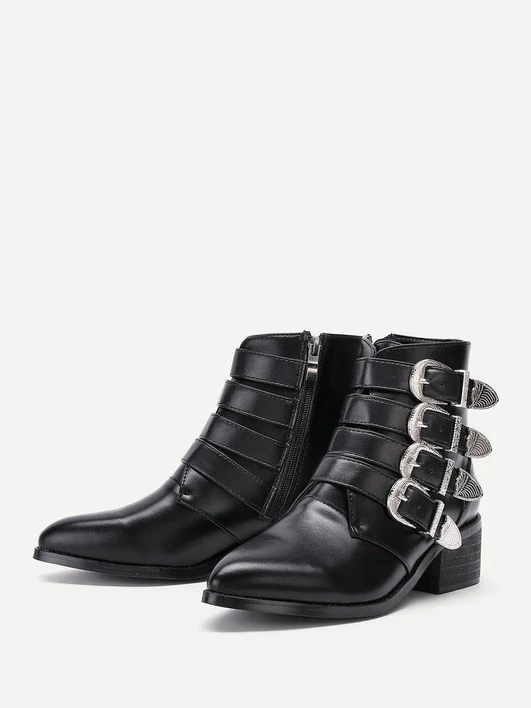 Buckle Decorated Side Zipper Ankle Boots