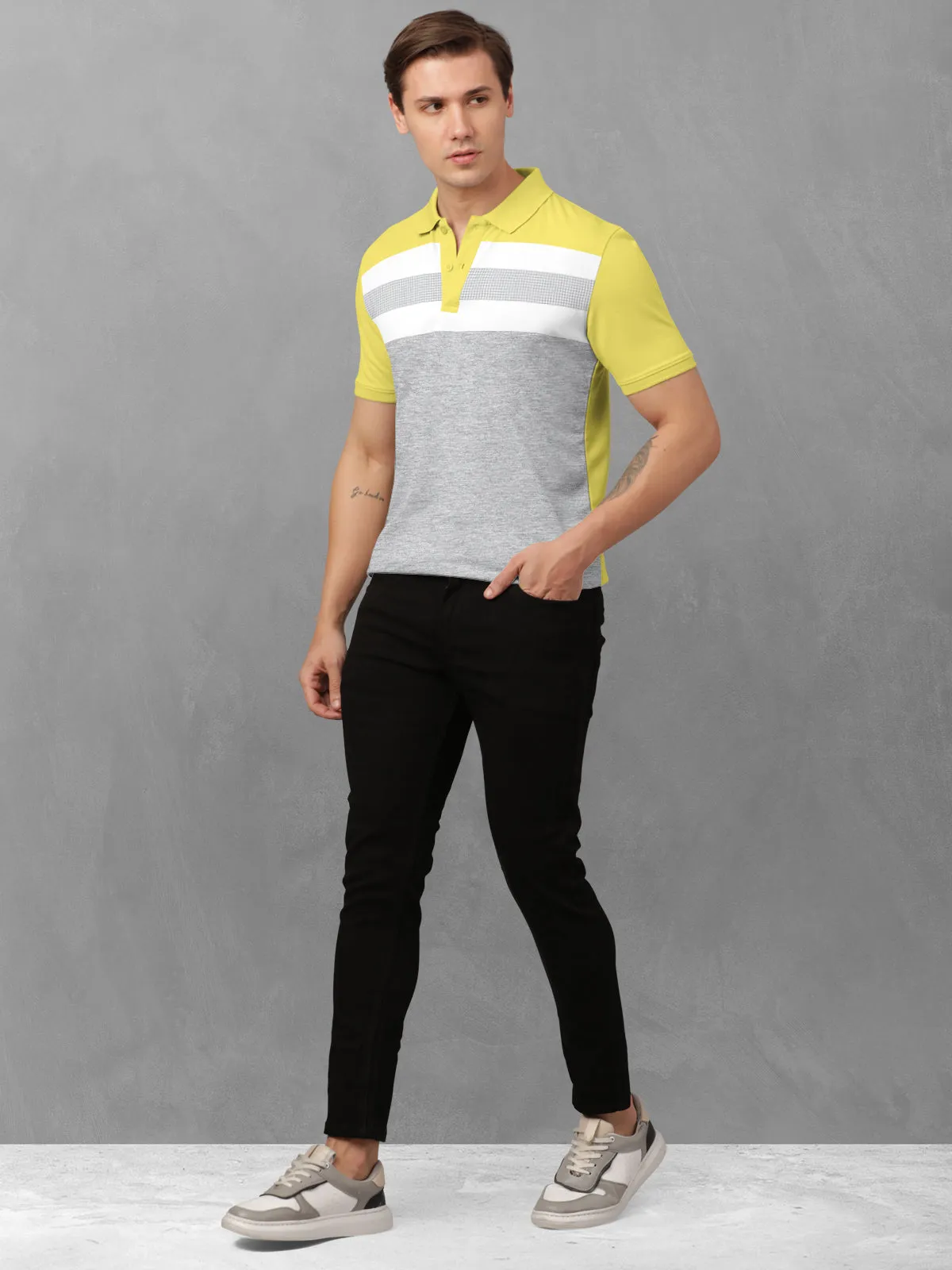 BULLMER Corn Yellow Trendy Printed Half Sleeve Polo T-shirt for Mens