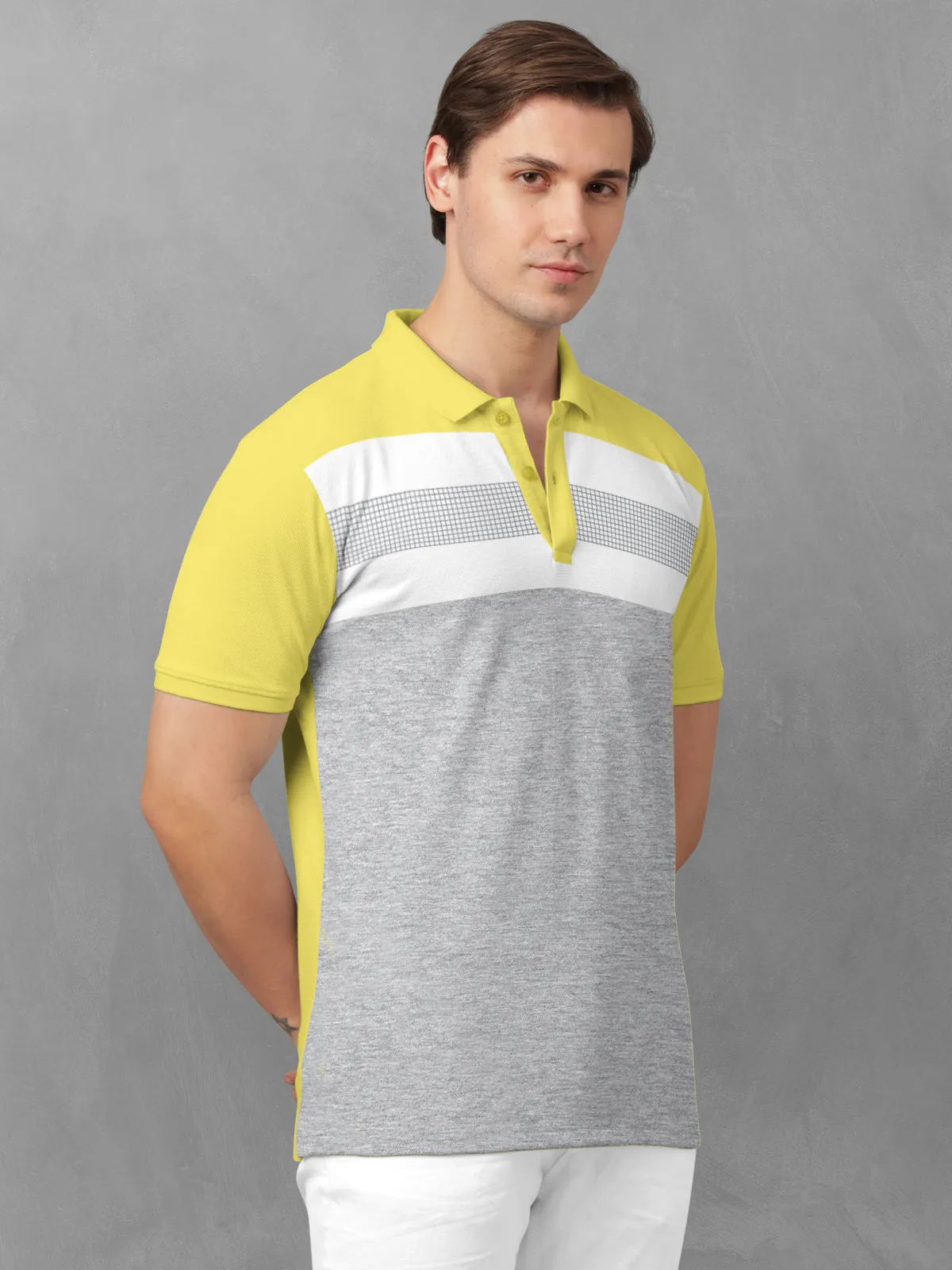 BULLMER Corn Yellow Trendy Printed Half Sleeve Polo T-shirt for Mens