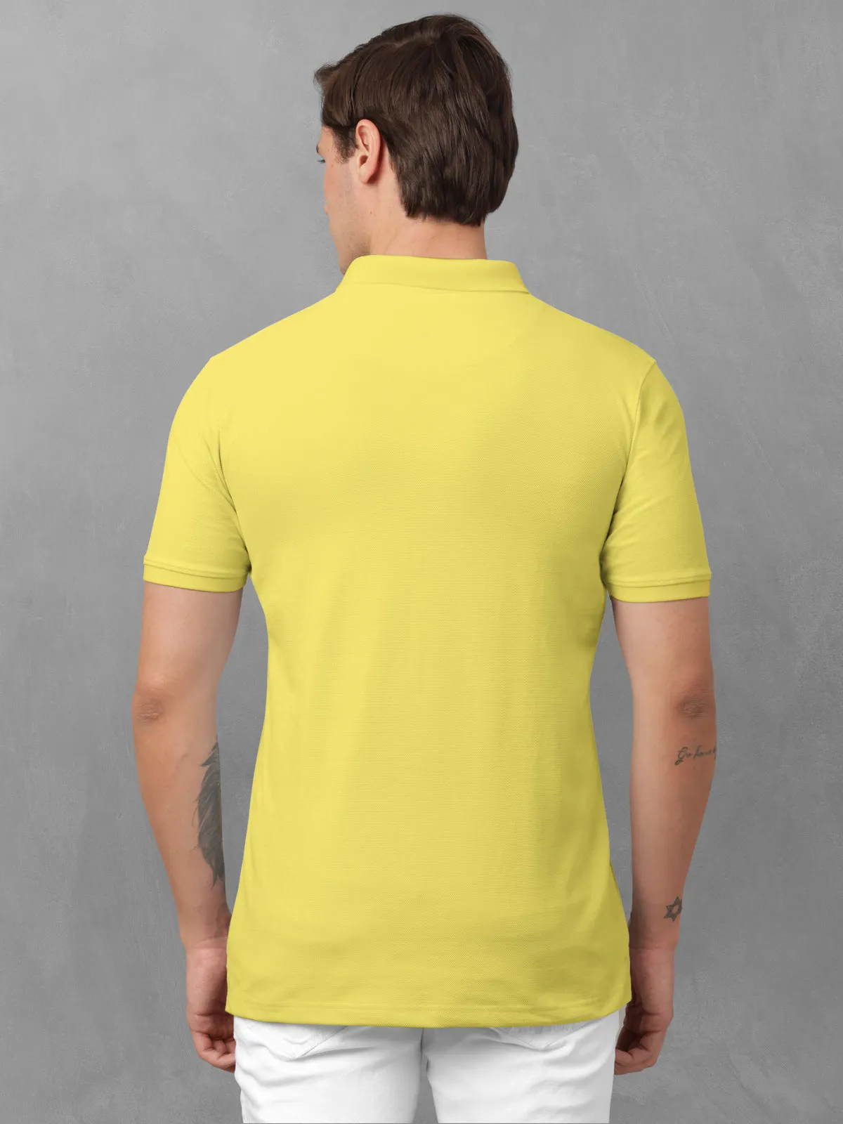 BULLMER Corn Yellow Trendy Printed Half Sleeve Polo T-shirt for Mens