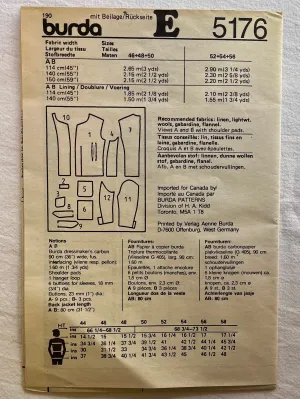 Burda 5176 UNCUT Men's Wear Sizes 46-50