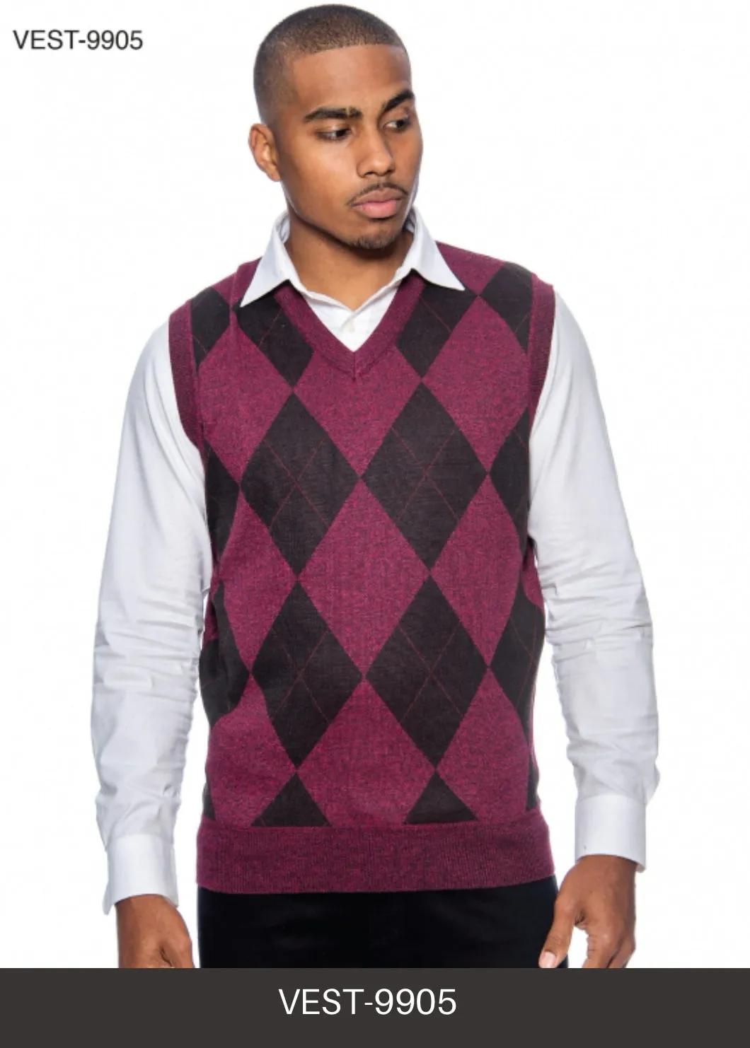 Burgundy-Black Men's V-Neck Argyle Sweater Vest Knitwear Sleeveless Pullover STYLE-9905