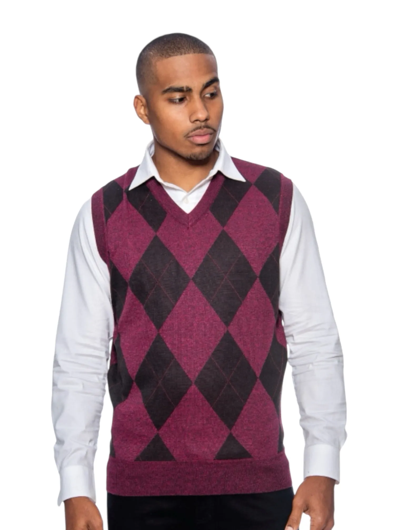 Burgundy-Black Men's V-Neck Argyle Sweater Vest Knitwear Sleeveless Pullover STYLE-9905