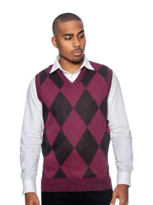 Burgundy-Black Men's V-Neck Argyle Sweater Vest Knitwear Sleeveless Pullover STYLE-9905