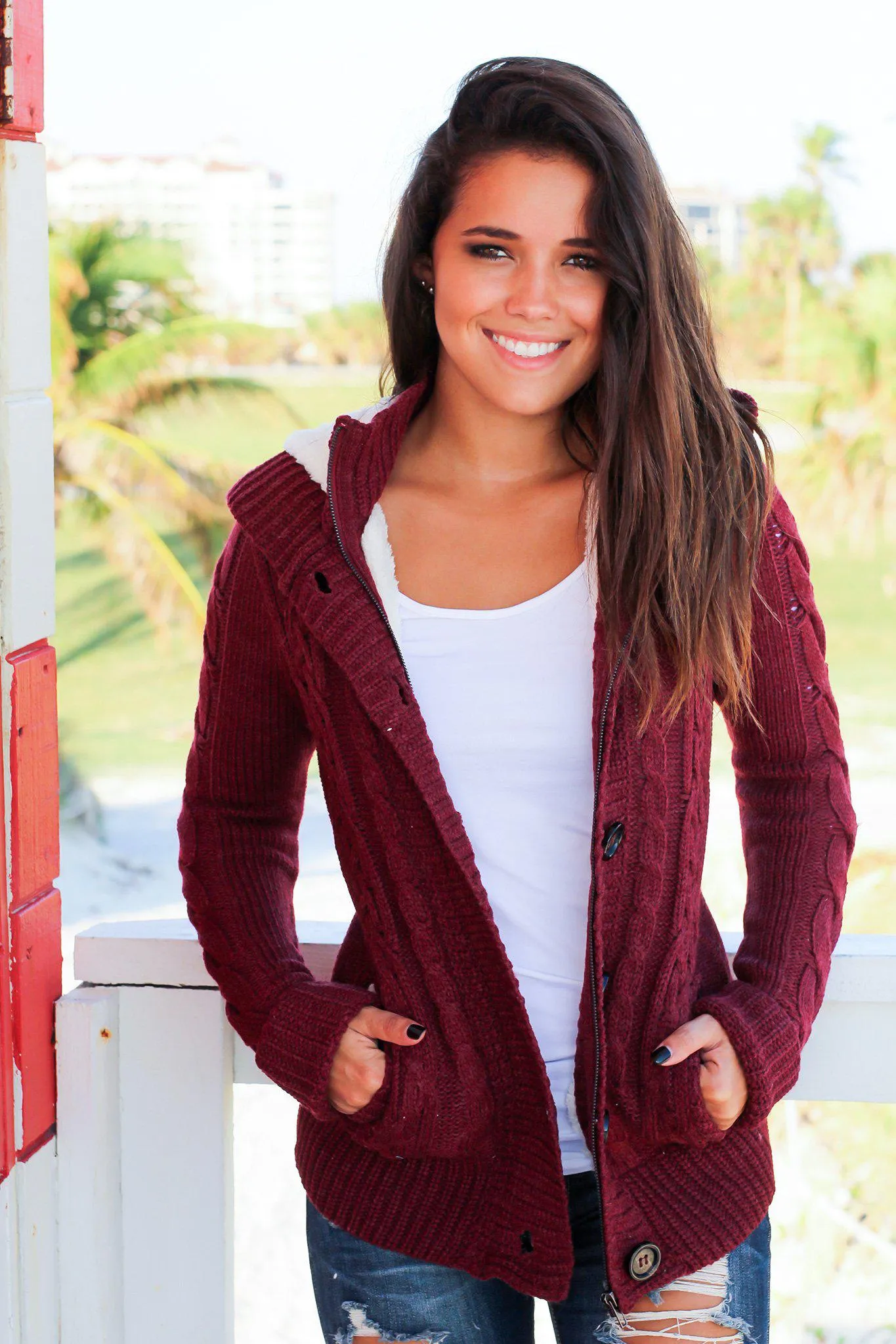 Burgundy Sweater With Fur Hood