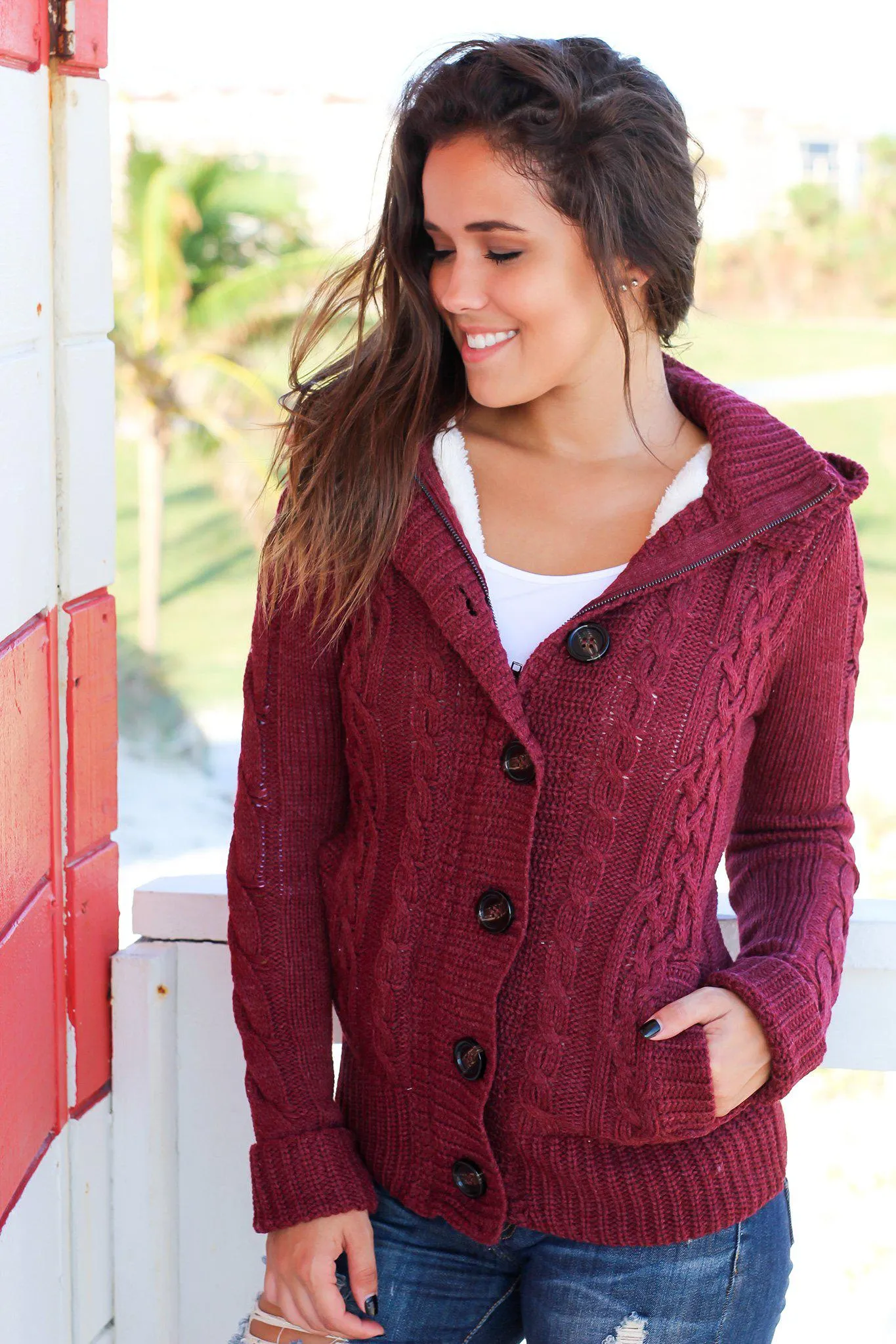 Burgundy Sweater With Fur Hood