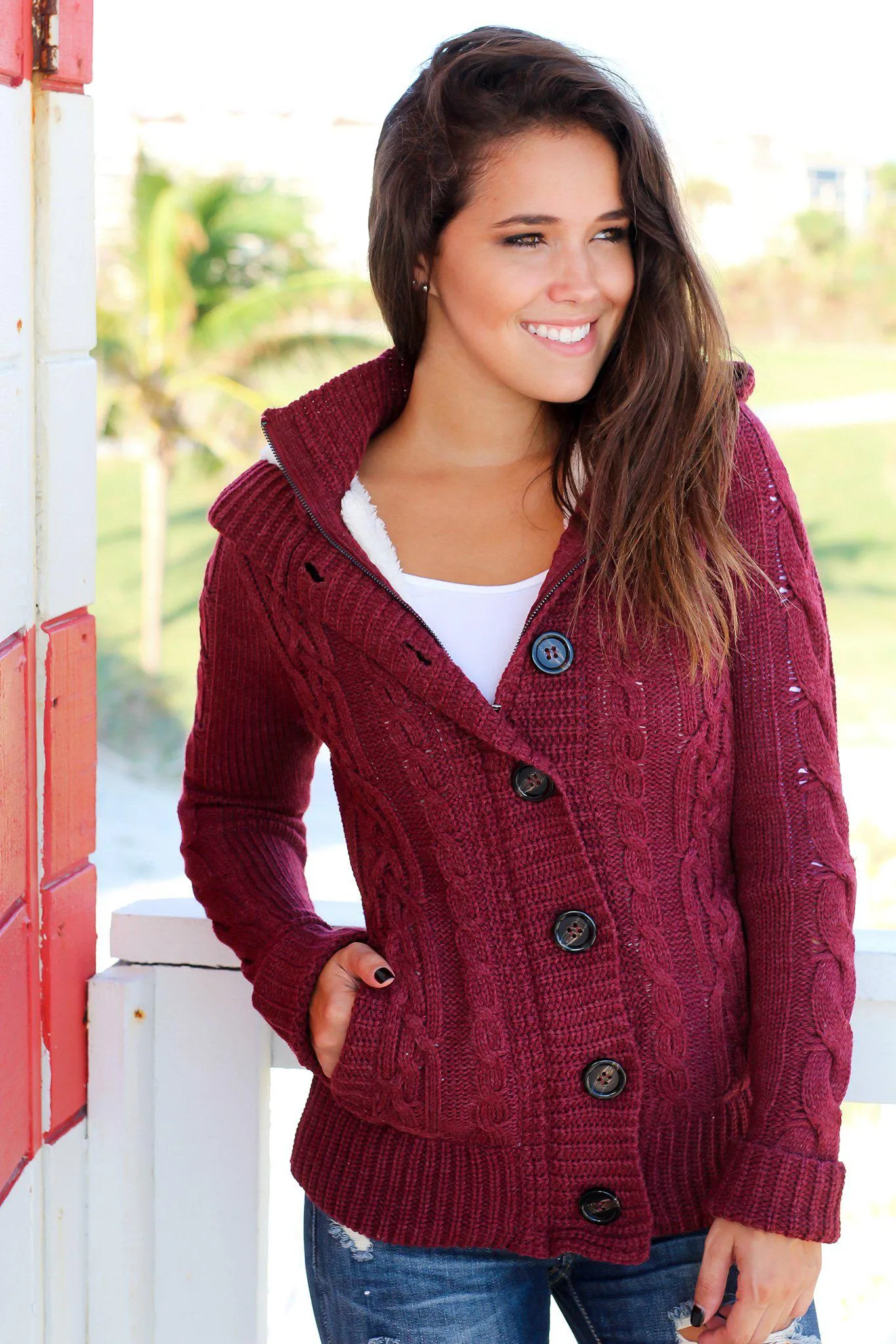Burgundy Sweater With Fur Hood