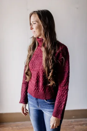 Burgundy Textured Knit Turtleneck Sweater