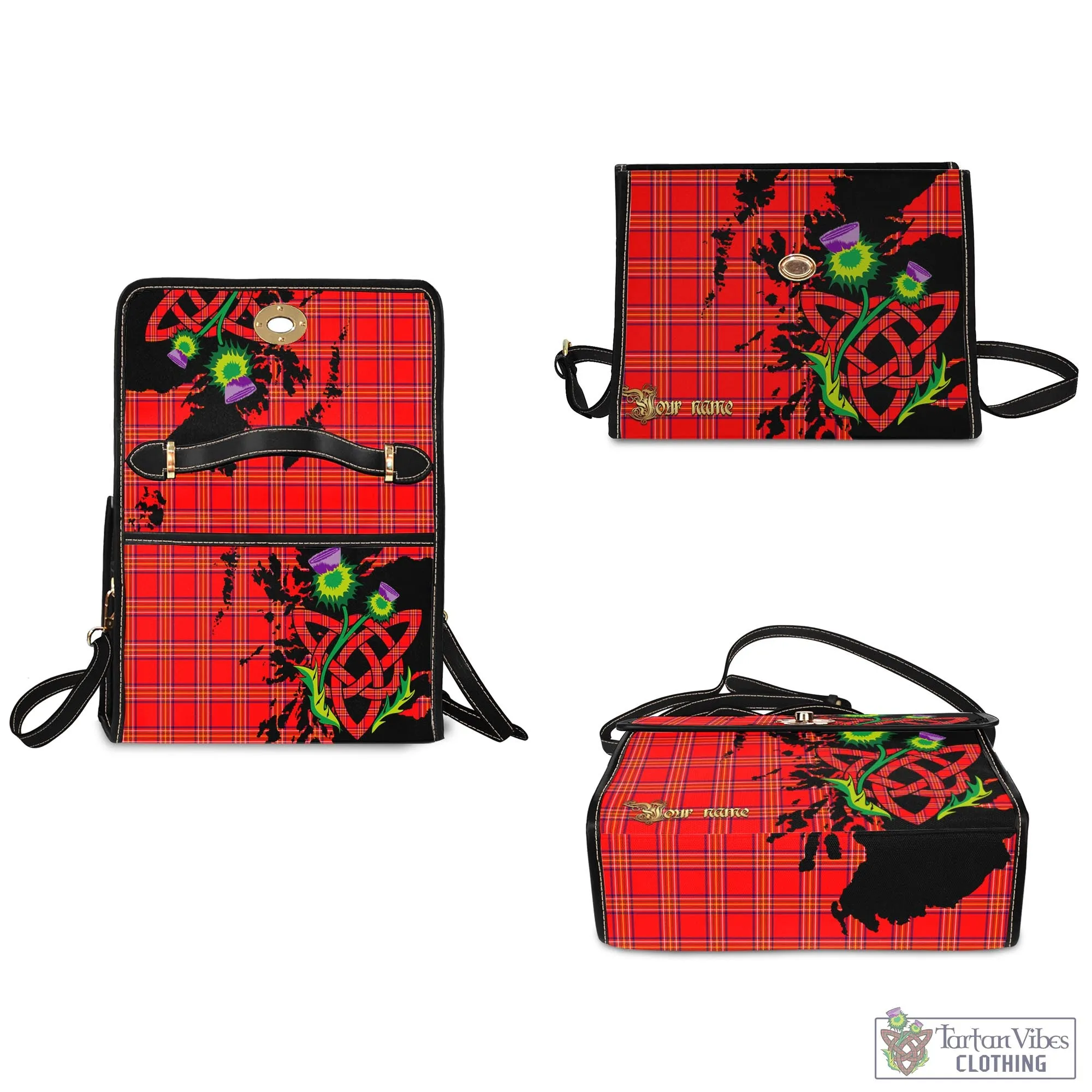 Burnett Modern Tartan Waterproof Canvas Bag with Scotland Map and Thistle Celtic Accents