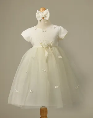 Butterfly Adorned Tulle and Satin Dress with a matching Bow Clip - Ivory