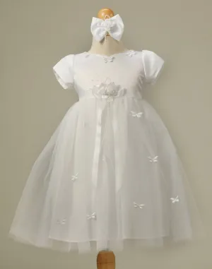 Butterfly Adorned Tulle and Satin Dress with a matching Bow Clip - White
